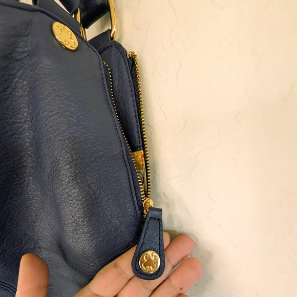 EMMA FOX Navy Genuine Leather Frame-Top Shoulder Bag Vintage-inspired Kiss-Lock - Picture 6 of 15